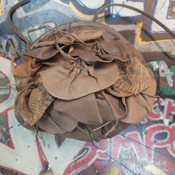 Brown Leather Ruffle Handbag Boho Chic Floral Accent Purse, Vintage-inspired - Picture 2 of 12